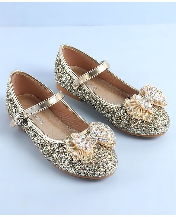 Pine Kids Ballerinas with Velcro & Buckle Closure Bow Applique - Golden