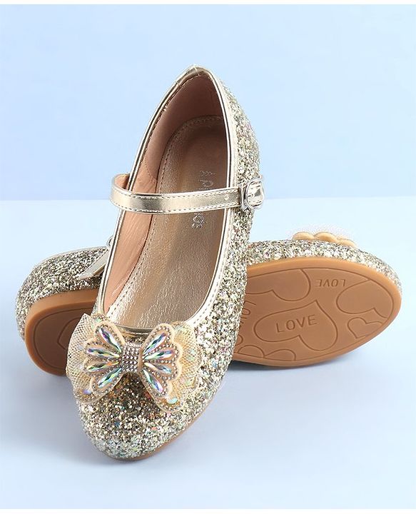 Pine Kids Ballerinas with Velcro & Buckle Closure Bow Applique - Golden