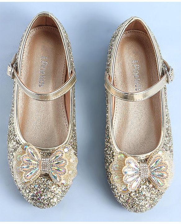 Pine Kids Ballerinas with Velcro & Buckle Closure Bow Applique - Golden