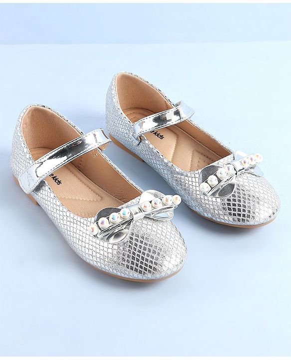 Pine Kids Ballerinas with Velcro Closure Pearl Applique - Silver