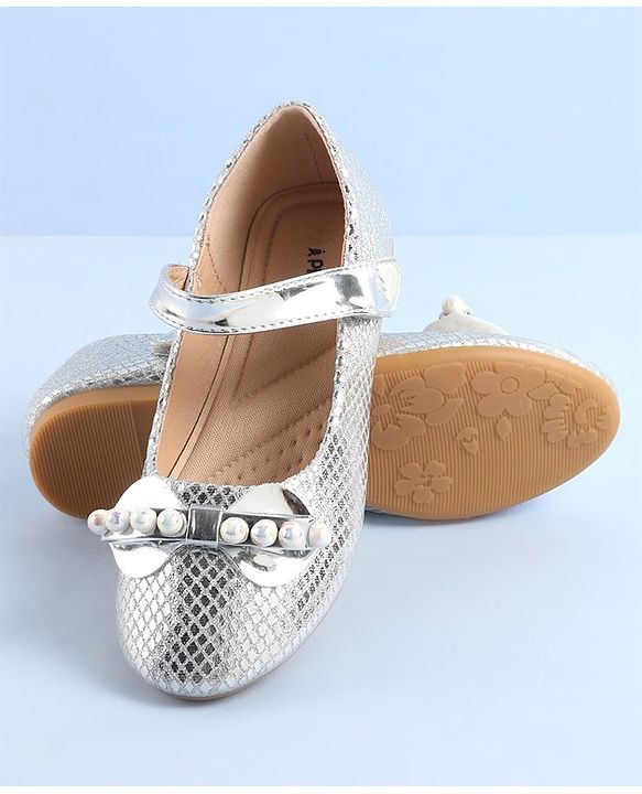 Pine Kids Ballerinas with Velcro Closure Pearl Applique - Silver