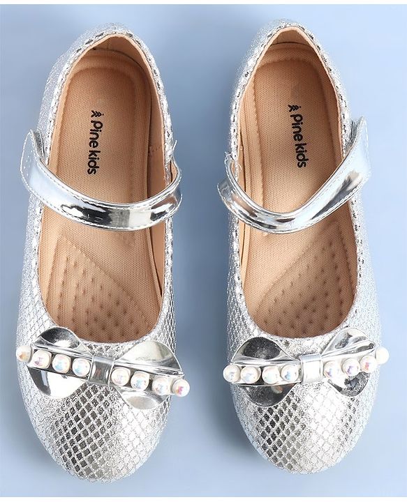Pine Kids Ballerinas with Velcro Closure Pearl Applique - Silver