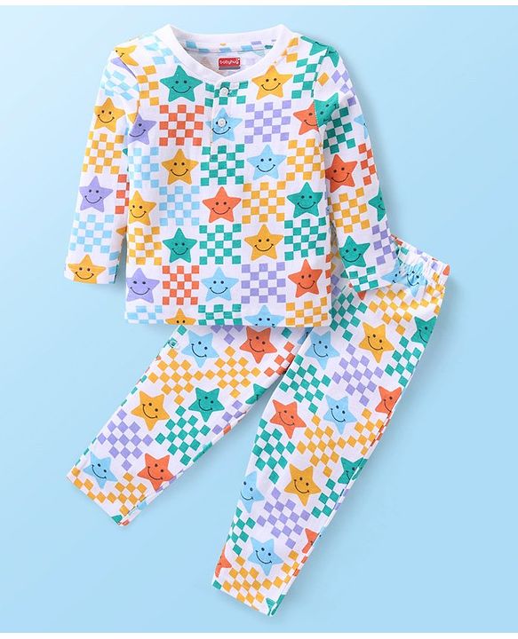 Babyhug Cotton Knit Full Sleeves Night Suit With Stars Print - Multicolor