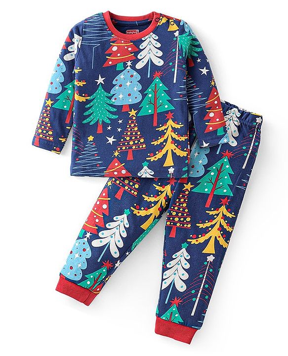 Babyhug Cotton Knit Full Sleeves Night Suit with Christmas Tree Print - Navy Blue