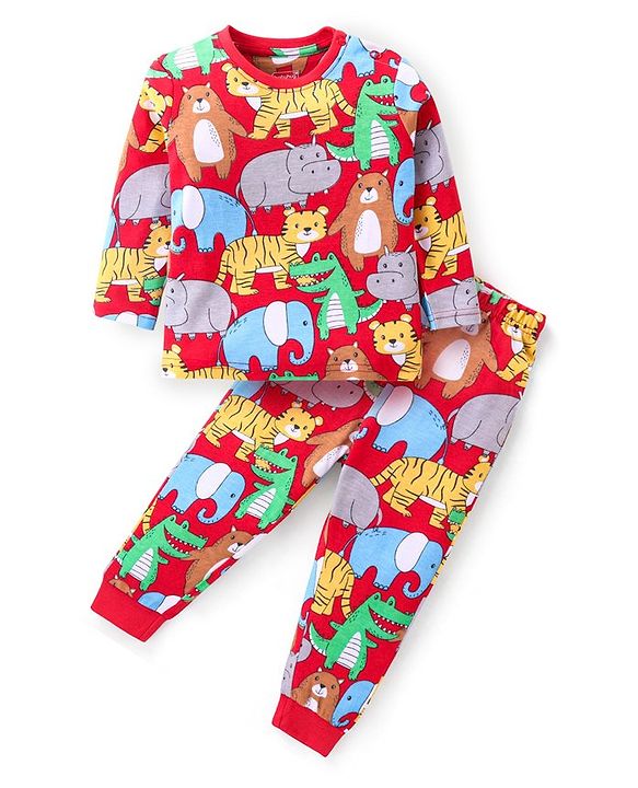 Babyhug Cotton Knit Full Sleeves Night Suit with Animal Print - Maroon