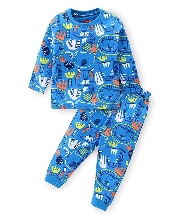 Babyhug Cotton Knit Full Sleeves Night Suit With Animals Print - Blue
