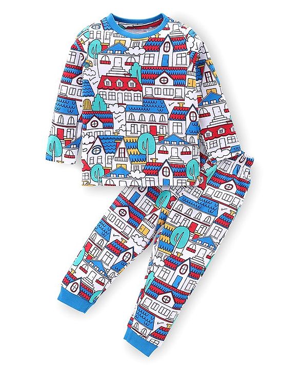 Babyhug Cotton Knit Full Sleeves Printed Night Suit - White