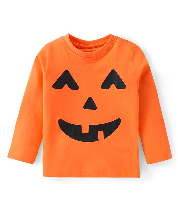 Babyhug Cotton Knit Full Sleeves Night Suit With Halloween Theme Pumpkin Print - Orange
