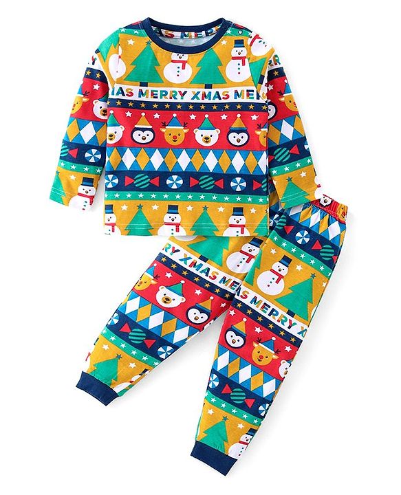 Babyhug Cotton Knit Full Sleeves Night Suit with Snowman Print - Navy Blue