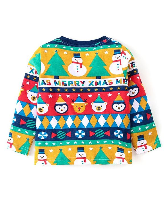 Babyhug Cotton Knit Full Sleeves Night Suit with Snowman Print - Navy Blue