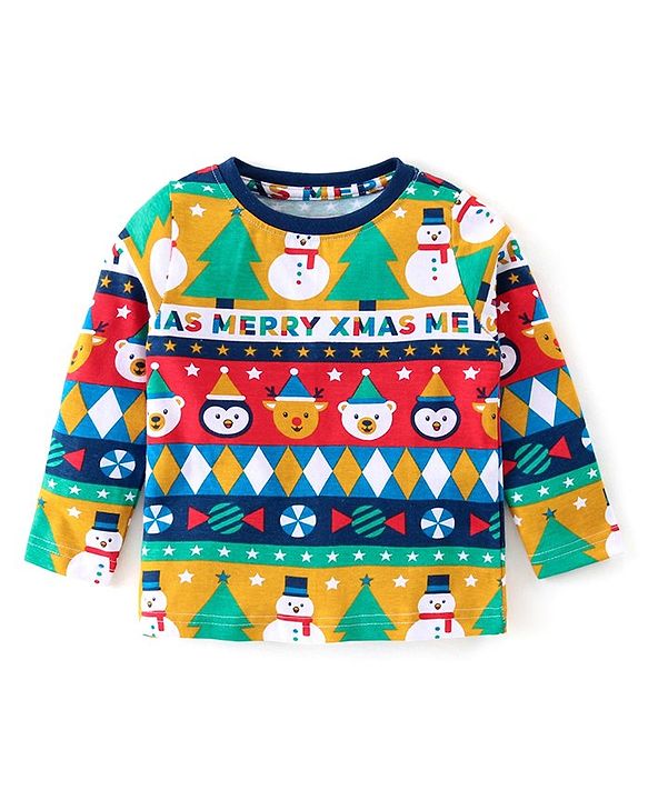 Babyhug Cotton Knit Full Sleeves Night Suit with Snowman Print - Navy Blue