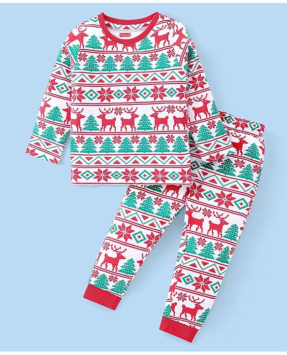 Babyhug Cotton Knit Full Sleeves Night Suit With Christmas Theme Print - Red & Green