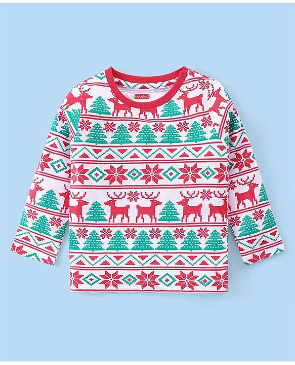 Babyhug Cotton Knit Full Sleeves Night Suit With Christmas Theme Print - Red & Green