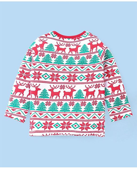 Babyhug Cotton Knit Full Sleeves Night Suit With Christmas Theme Print - Red & Green