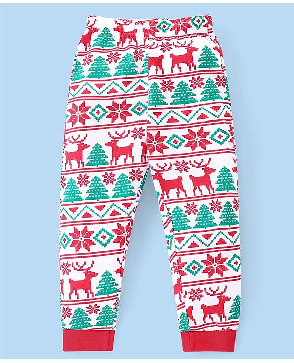 Babyhug Cotton Knit Full Sleeves Night Suit With Christmas Theme Print - Red & Green