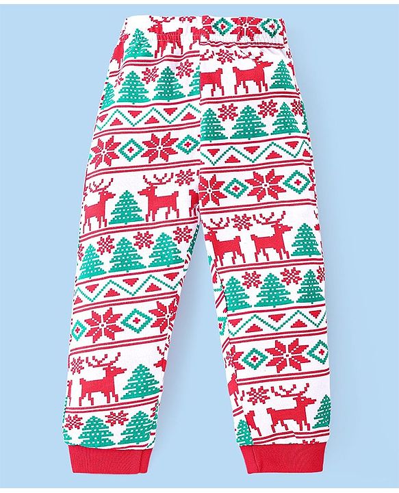 Babyhug Cotton Knit Full Sleeves Night Suit With Christmas Theme Print - Red & Green