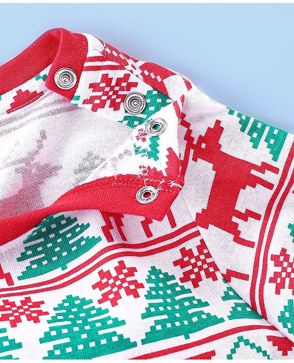 Babyhug Cotton Knit Full Sleeves Night Suit With Christmas Theme Print - Red & Green