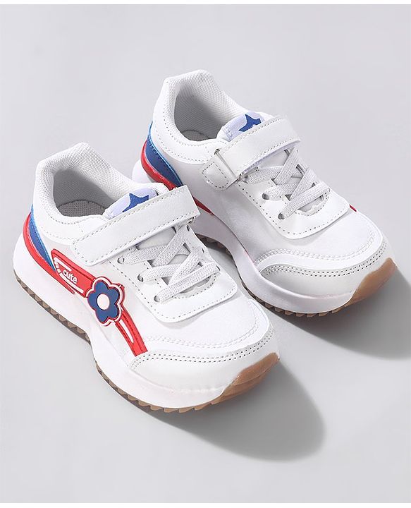 Cute Walk by Babyhug Sneaker with Velcro Closure Floral Applique - White & Royal Blue