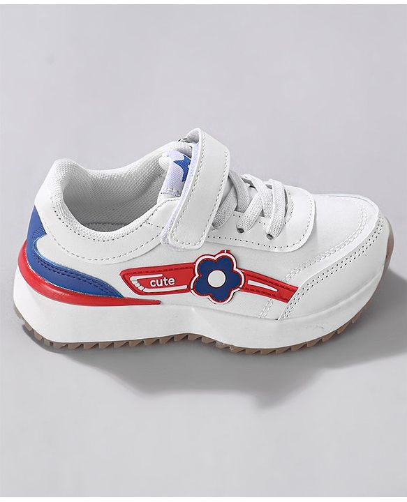 Cute Walk by Babyhug Sneaker with Velcro Closure Floral Applique - White & Royal Blue