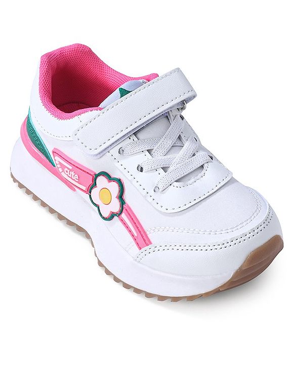 Cute Walk by Babyhug Sneaker with Velcro Closure Floral Applique - White & Rose Pink