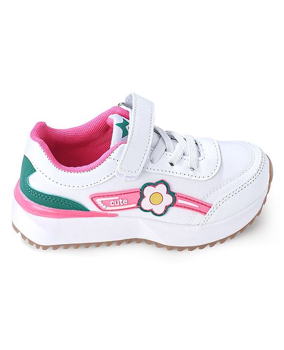Cute Walk by Babyhug Sneaker with Velcro Closure Floral Applique - White & Rose Pink