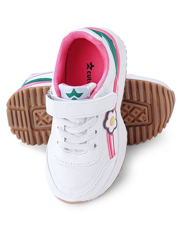 Cute Walk by Babyhug Sneaker with Velcro Closure Floral Applique - White & Rose Pink
