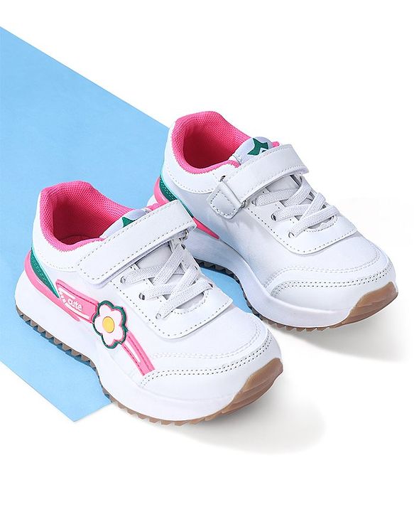 Cute Walk by Babyhug Sneaker with Velcro Closure Floral Applique - White & Royal Blue