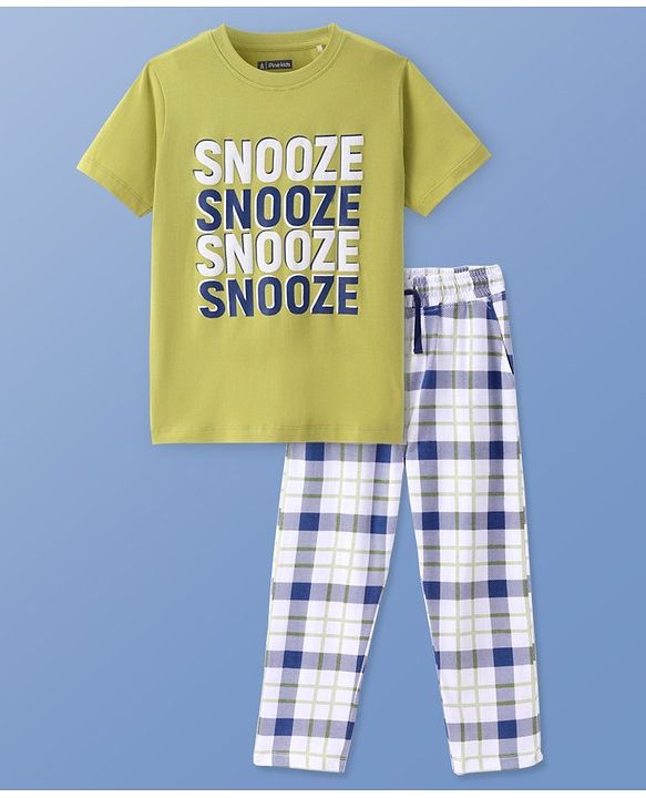Pine Kids Cotton Knit Half Sleeves Night Suit With Text Print - Multicolor