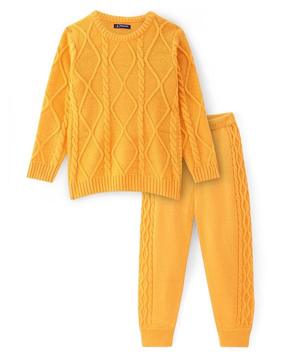 Pine Kids Knitted Full Sleeves Pullover  Sweater & Pant Set with Cable Knit Design  - Mustard