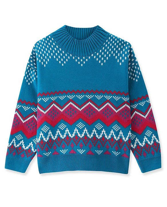 Pine Kids Knitted Full Sleeves Pullover Sweater with Chevron Design - Multicolour