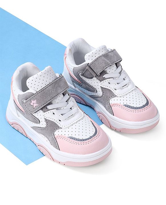 Cute Walk by Babyhug Sneaker with Lace Up & Velcro Closure - White & Pink