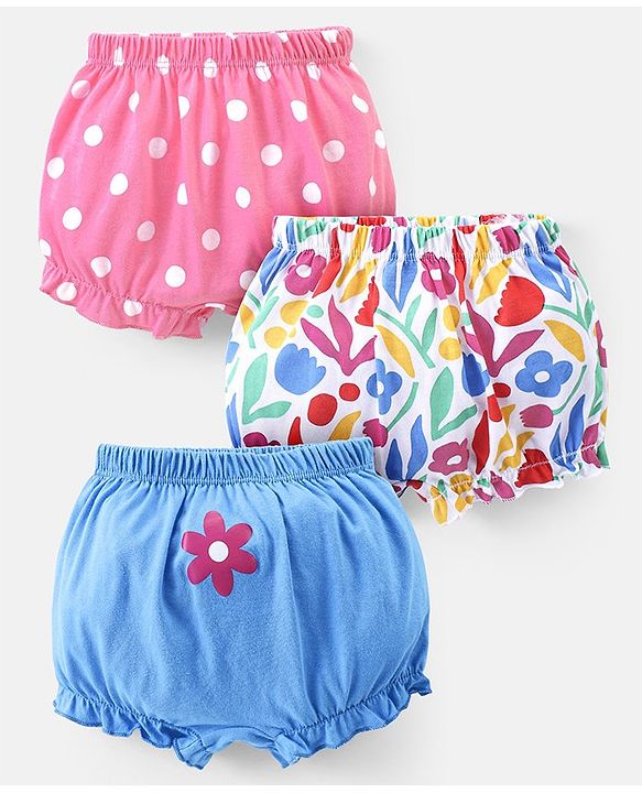 Babyhug 100% Cotton Knit Bloomers With Floral & Polka Dot Print Pack of 3 - Blue White & Pink