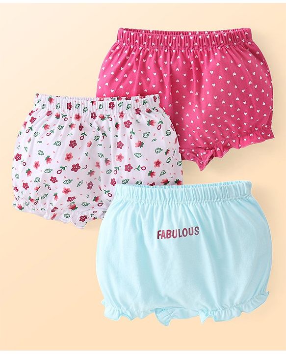 Babyhug 100% Cotton Knit Floral Printed Bloomers Pack of 3 - Dark Pink White & Aqua Blue