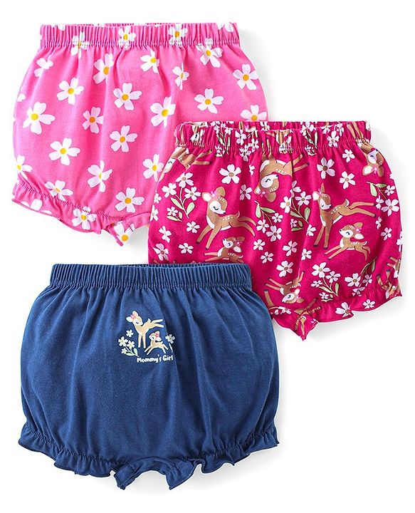 Babyhug 100% Cotton Bloomers With Floral & Animal Print Pack of 3 - Pink & Blue