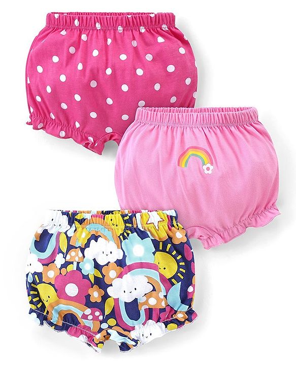 Babyhug 100% Cotton Knit Bloomers with Rainbow & Polka Dots Print Pack of 3 - Pink & Blue