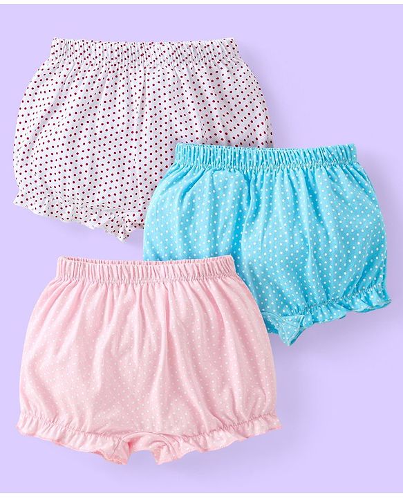Babyhug 100% Cotton Knit Polka Dots Printed Bloomers Pack of 3 - Pink Blue & White
