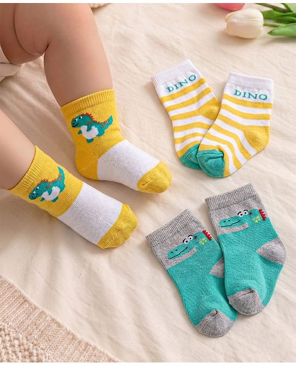 Cute Walk by Babyhug Anti-bacterial Ankle Length Striped & Dino Design Socks Pack of 3 - Yellow Green & White