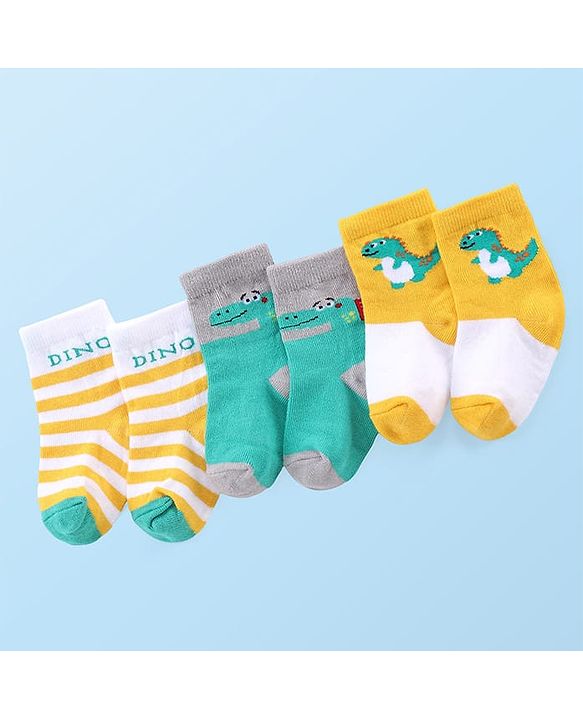Cute Walk by Babyhug Anti-bacterial Ankle Length Striped & Dino Design Socks Pack of 3 - Yellow Green & White