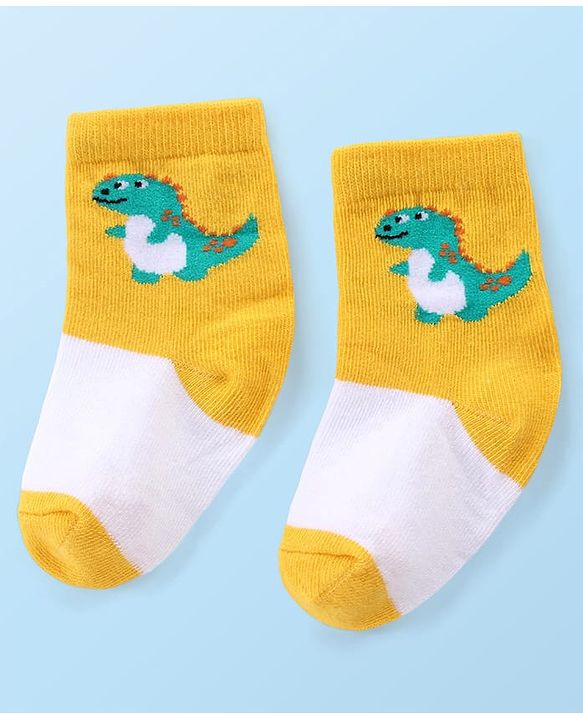Cute Walk by Babyhug Anti-bacterial Ankle Length Striped & Dino Design Socks Pack of 3 - Yellow Green & White