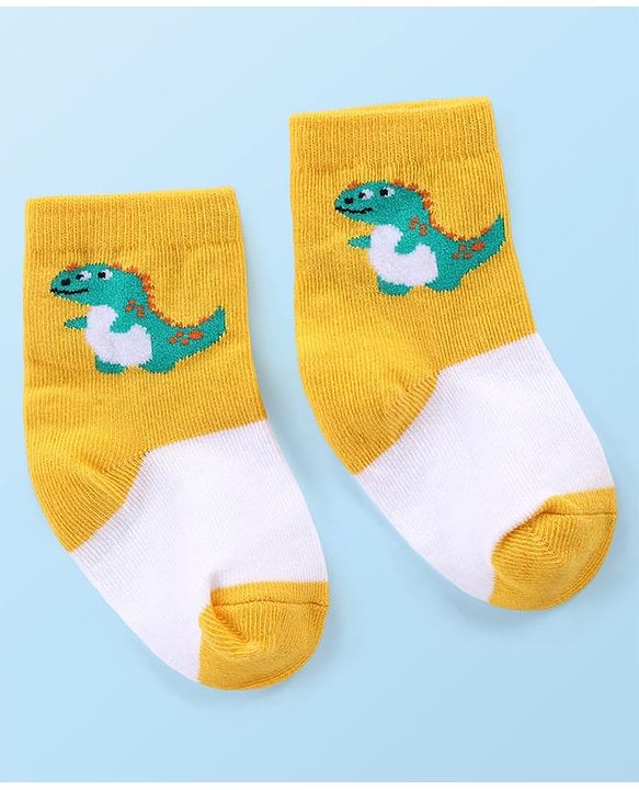 Cute Walk by Babyhug Anti-bacterial Ankle Length Striped & Dino Design Socks Pack of 3 - Yellow Green & White