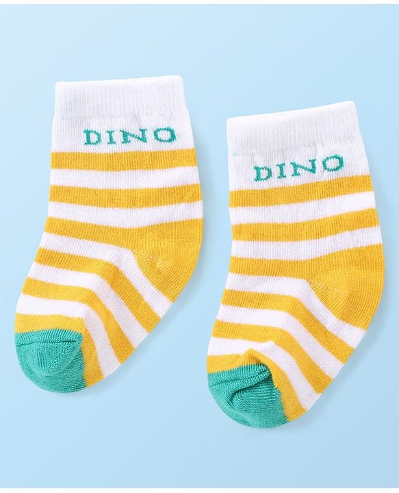 Cute Walk by Babyhug Anti-bacterial Ankle Length Striped & Dino Design Socks Pack of 3 - Yellow Green & White