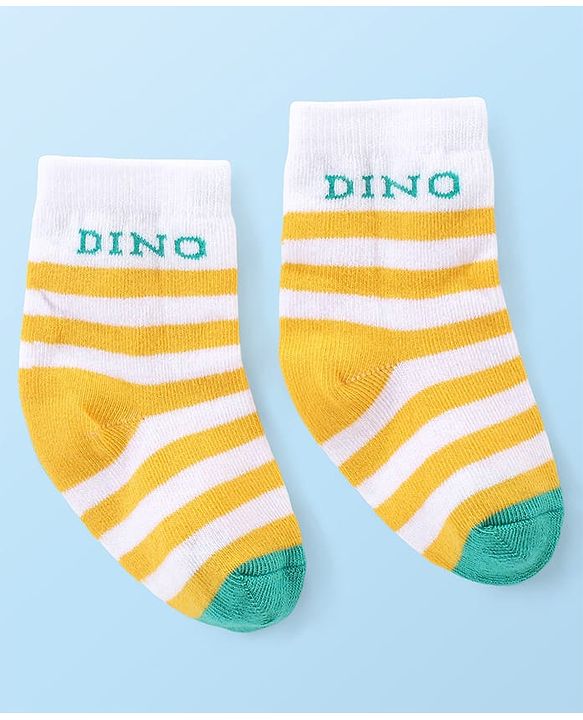 Cute Walk by Babyhug Anti-bacterial Ankle Length Striped & Dino Design Socks Pack of 3 - Yellow Green & White