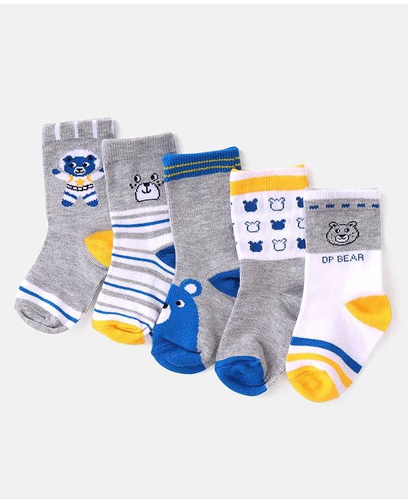 Cutewalk By Babyhug Anti Bacterial Ankle Length Striped & Teddy Bear Design Socks Pack of 5 - Grey & White