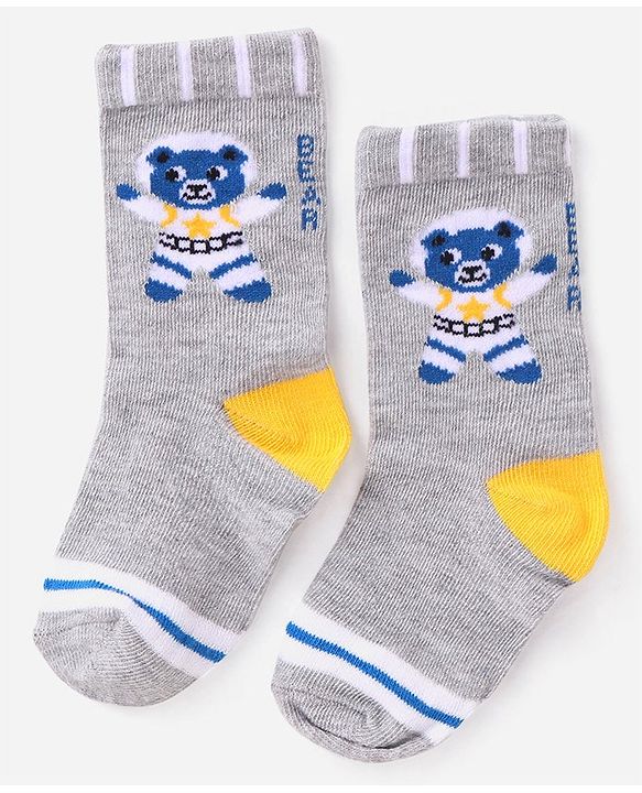 Cutewalk By Babyhug Anti Bacterial Ankle Length Striped & Teddy Bear Design Socks Pack of 5 - Grey & White
