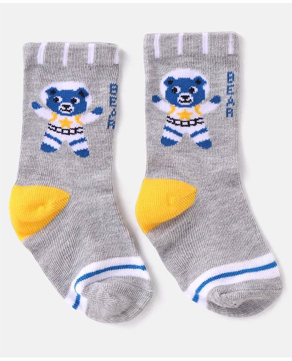 Cutewalk By Babyhug Anti Bacterial Ankle Length Striped & Teddy Bear Design Socks Pack of 5 - Grey & White