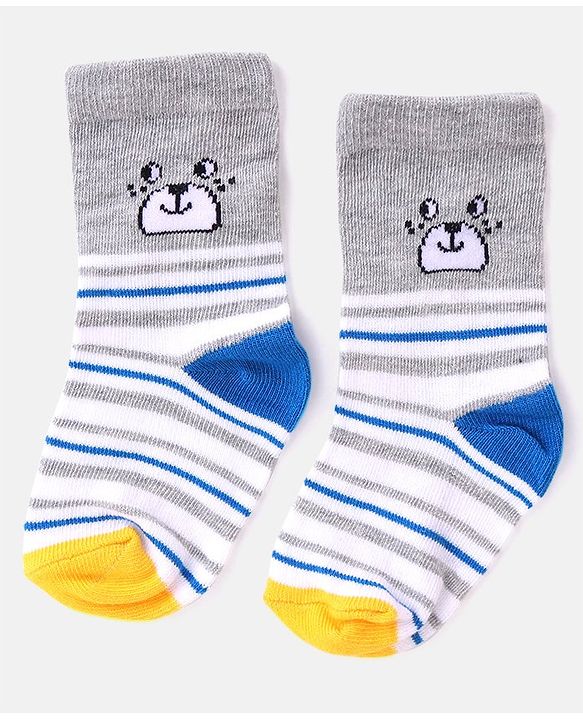 Cutewalk By Babyhug Anti Bacterial Ankle Length Striped & Teddy Bear Design Socks Pack of 5 - Grey & White