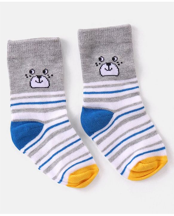 Cutewalk By Babyhug Anti Bacterial Ankle Length Striped & Teddy Bear Design Socks Pack of 5 - Grey & White