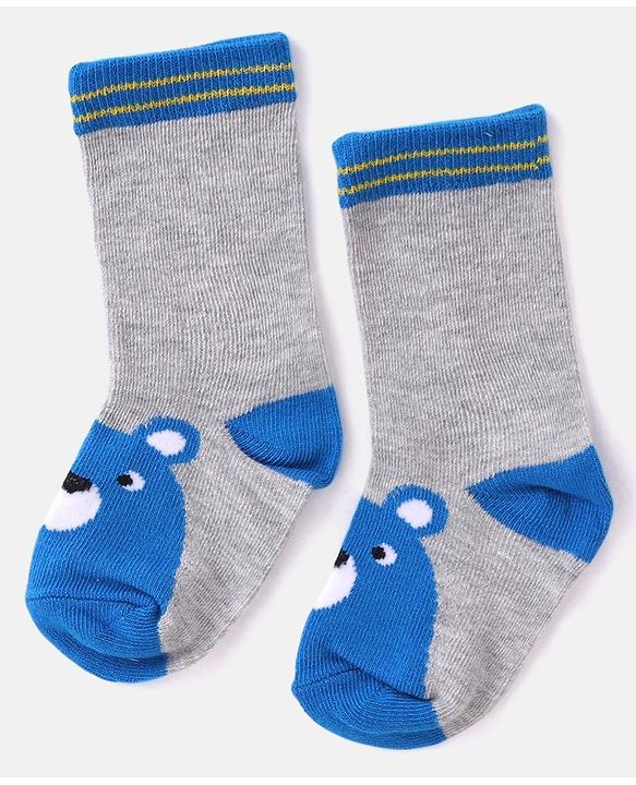 Cutewalk By Babyhug Anti Bacterial Ankle Length Striped & Teddy Bear Design Socks Pack of 5 - Grey & White