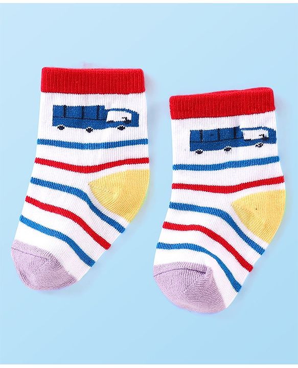Cute Walk by Babyhug Anti-bacterial Ankle Length Striped & Vehicle Designed Socks Pack of 5 - Multicolor