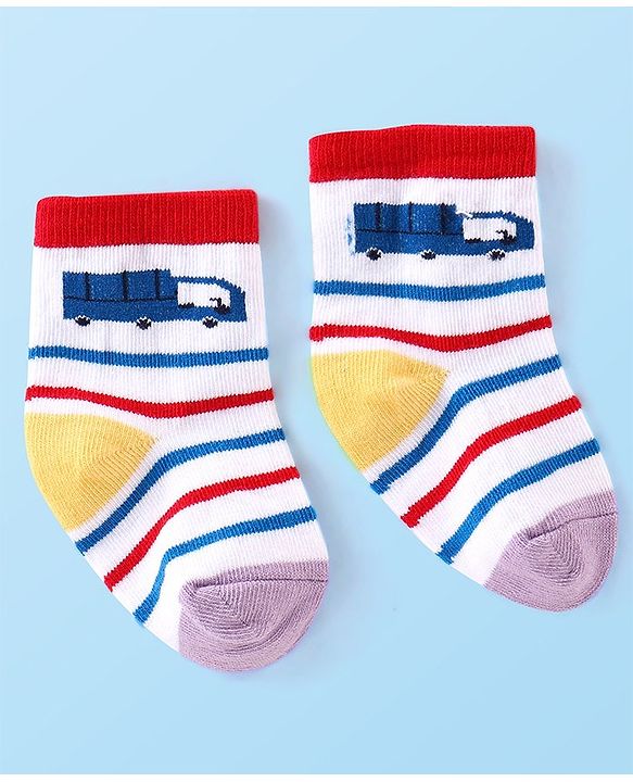 Cute Walk by Babyhug Anti-bacterial Ankle Length Striped & Vehicle Designed Socks Pack of 5 - Multicolor